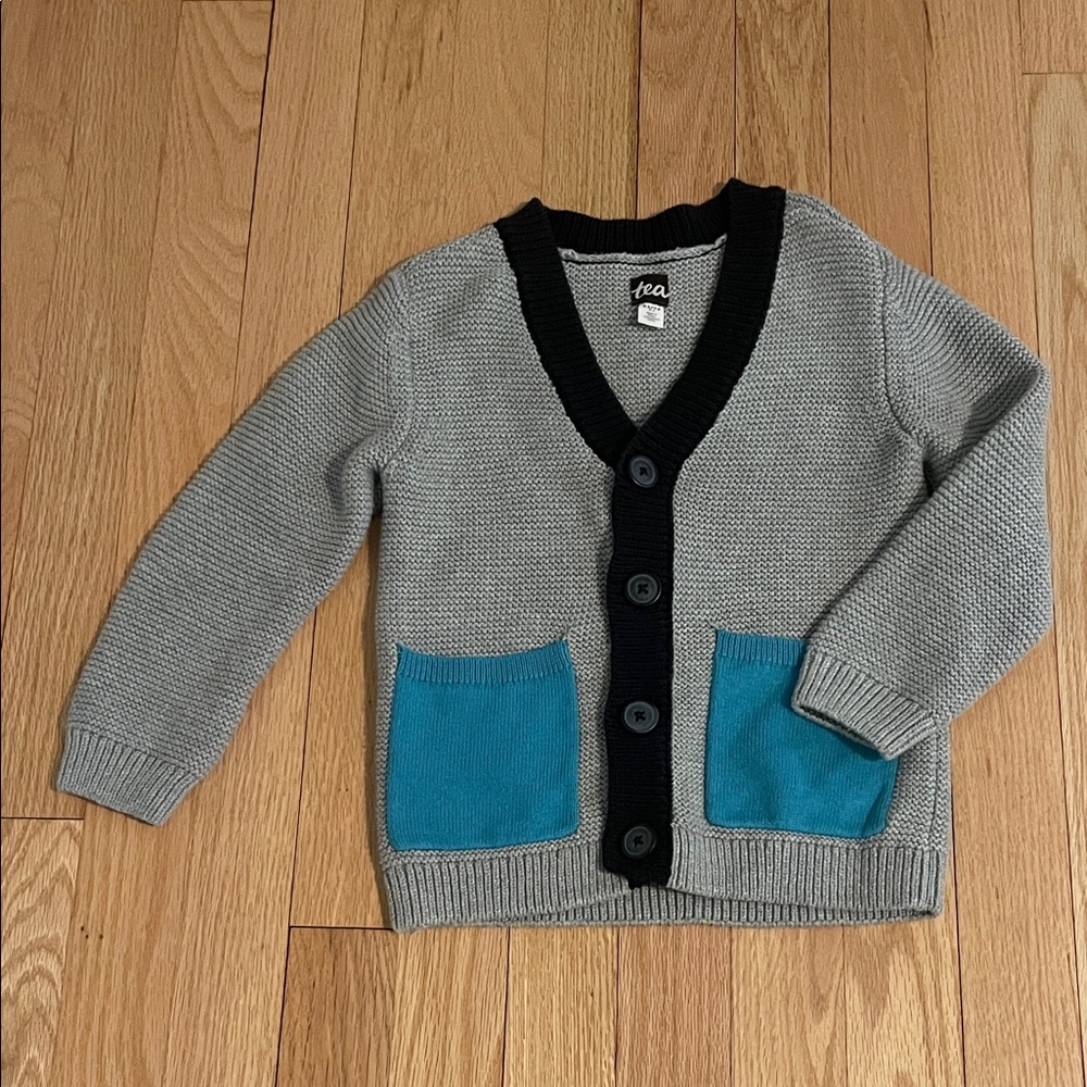 Tea Collection Gray Cardigan with Black Trim and Teal Pockets - Kids